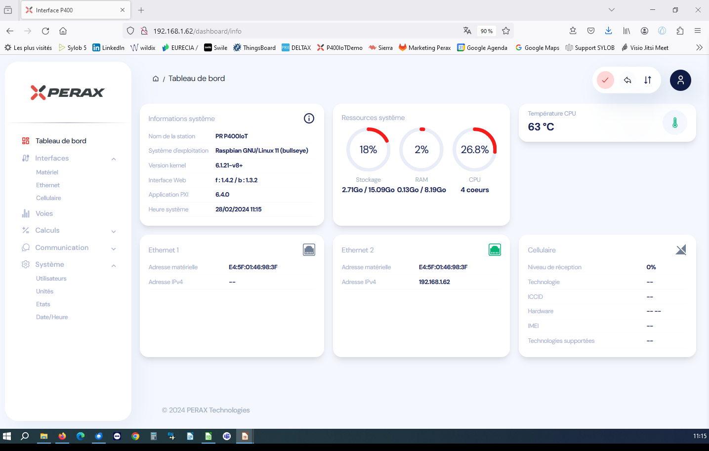 Tableau de bord interface Perax Iot